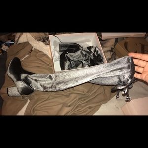 thigh high silver grey heeled boots